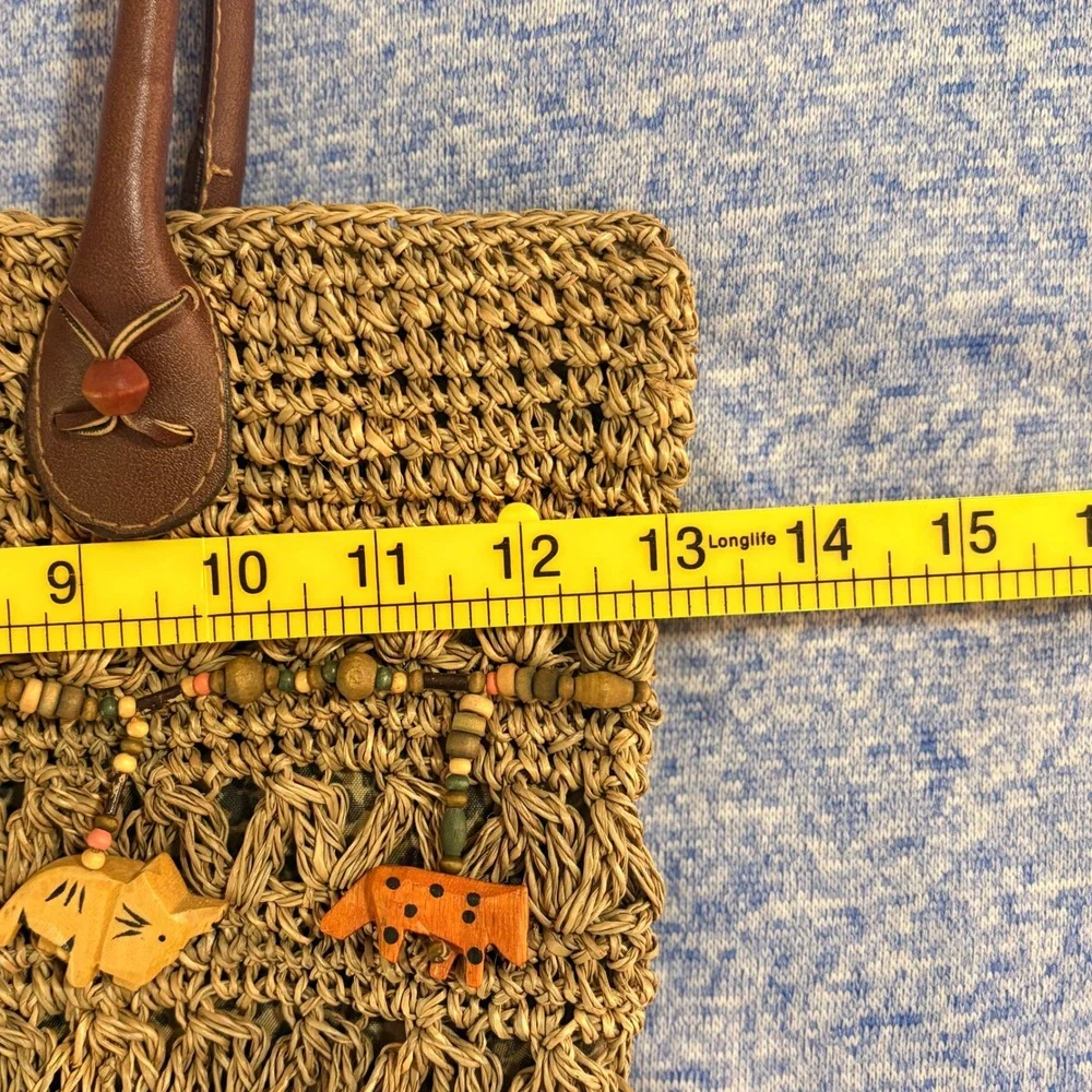 VTG St. John's Bay Safari Woven Straw Tote Bag Carved Wooden Animals Boho Beach